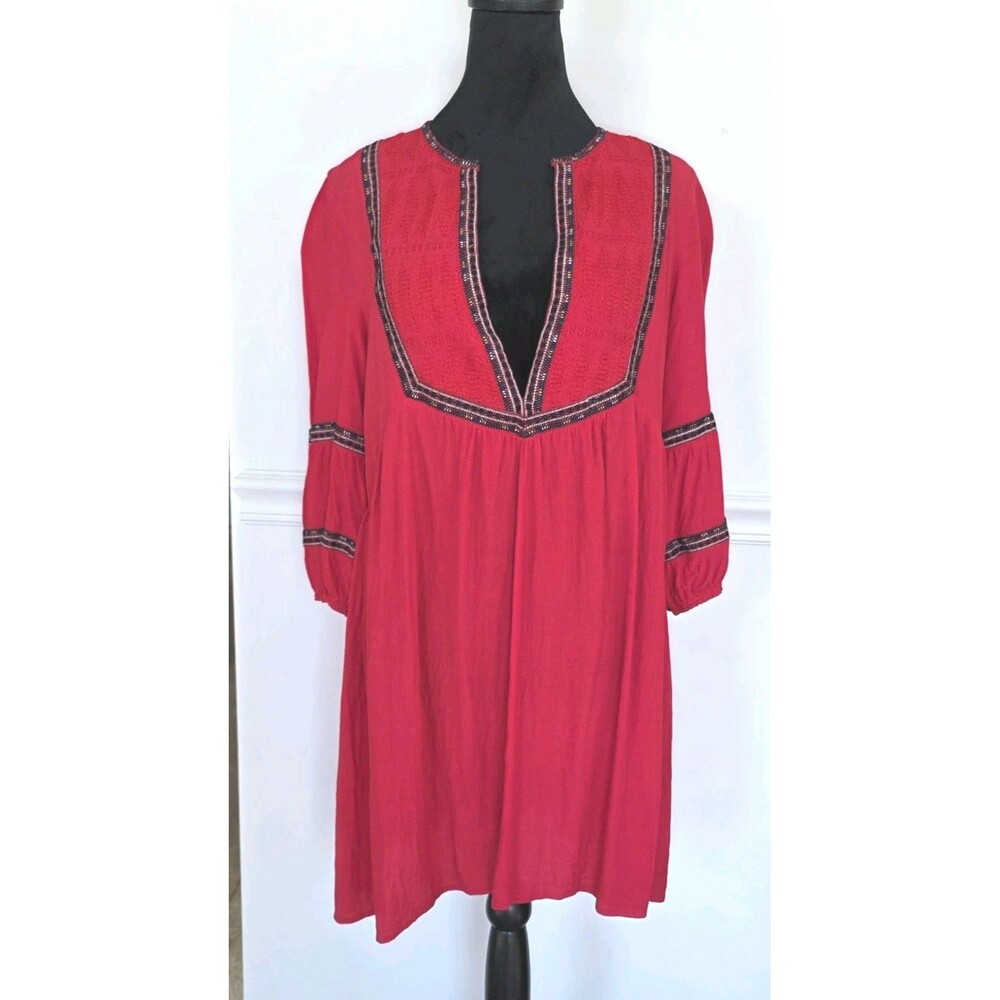 ba&sh Red Boho Embroidered Tunic Dress Size 3 L US 10 3/4 Sleeve